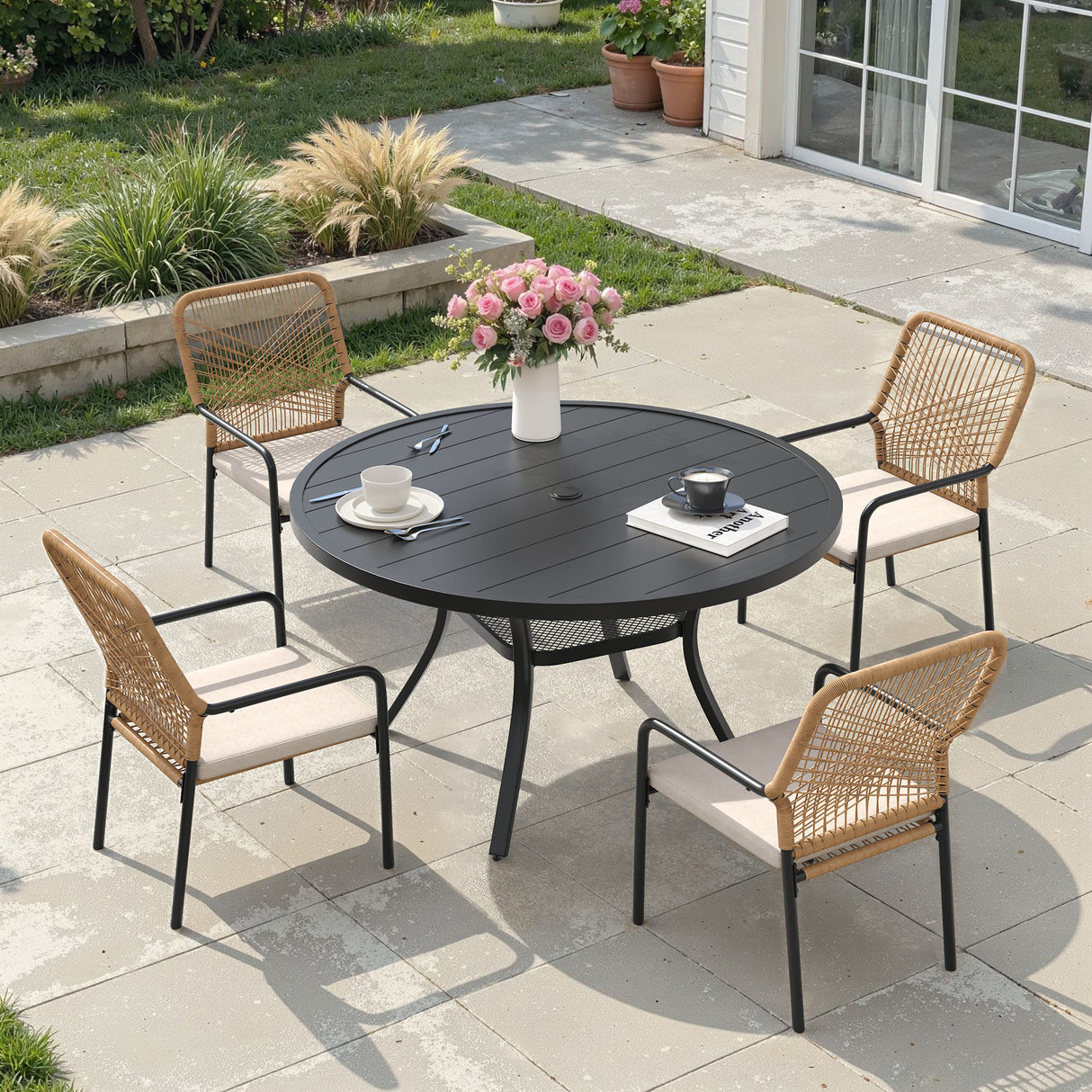 Vicllax 5 Pieces Outdoor Dining Set, 40.6"Round Table and Alora Stackable Chair