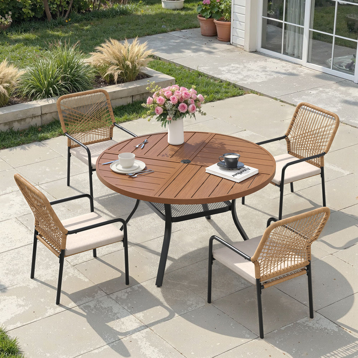 Vicllax 5 PCS Patio Dining Table Set, 41" Round Metal Table with Shelf and Alora Stackable Chair
