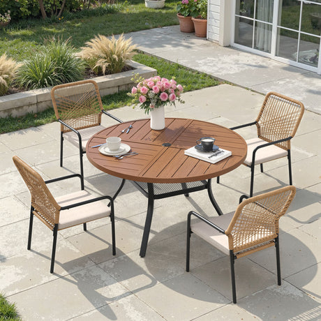 Vicllax 5 PCS Patio Dining Table Set, 41" Round Metal Table with Shelf and Alora Stackable Chair