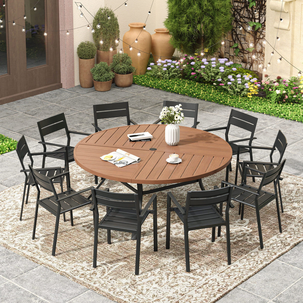 Vicllax 11 Pieces Outdoor Dining Set with 60" Round Metal Table and Armrest Chairs