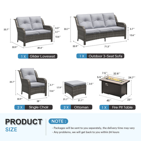 Vicllax Patio Wicker Oasis Lounge Set, 6-Piece Outdoor Sofa Set with Fire Pit Table(Stable Sofa Chair Set)
