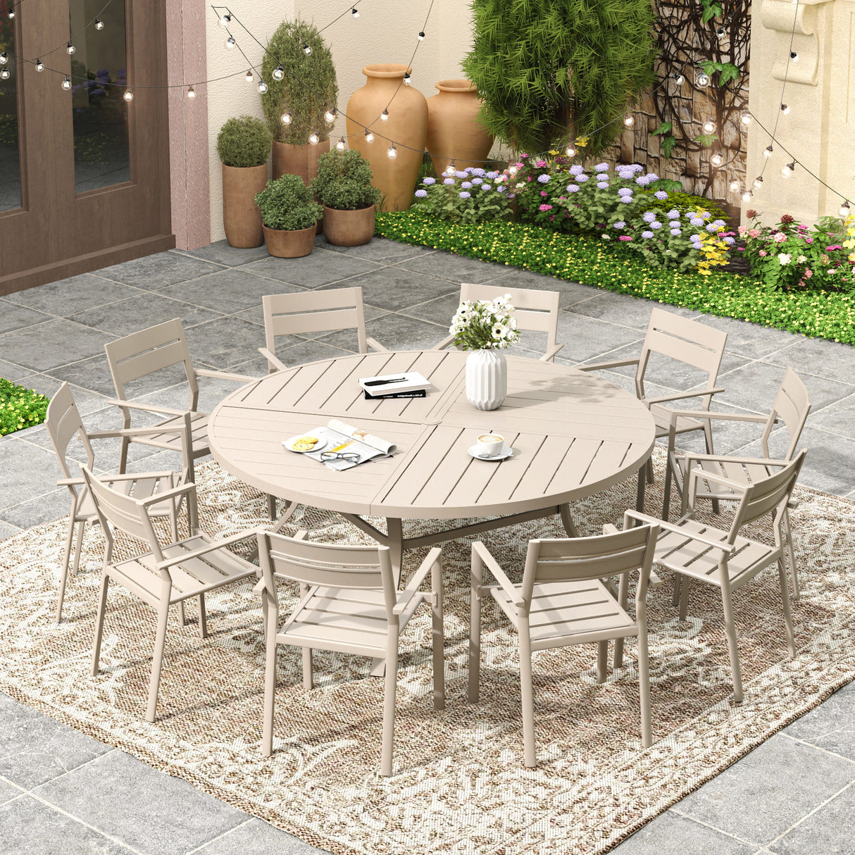 Vicllax 11 Pieces Outdoor Dining Set with 60" Round Metal Table and Armrest Chairs