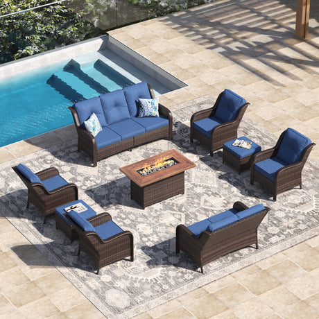 Vicllax Patio Wicker Oasis Lounge Set, 9 Seater with Fire table