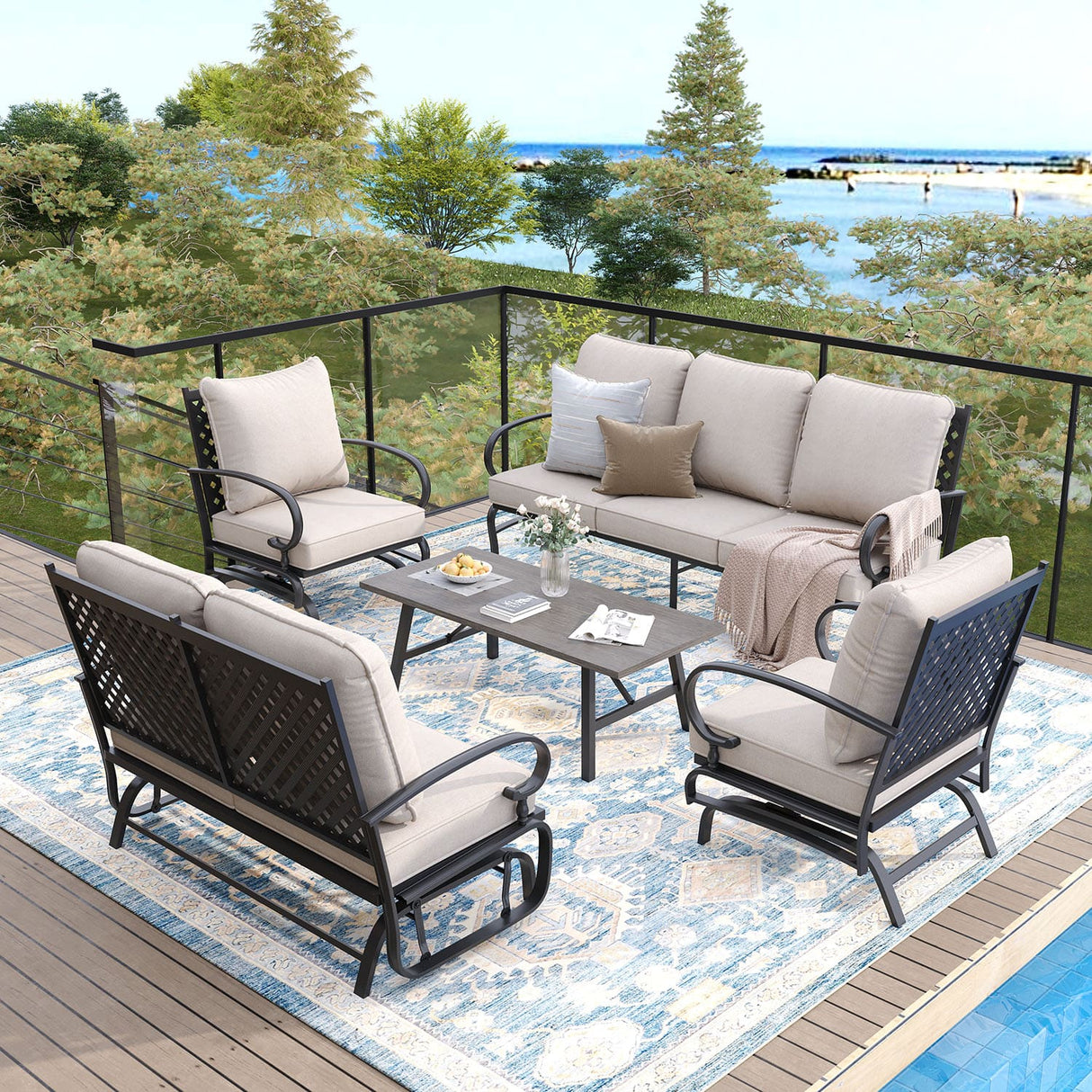 Vicllax 5-Piece Outdoor Patio Conversation Set with Cushioned Sofa Chairs and Ottomans
