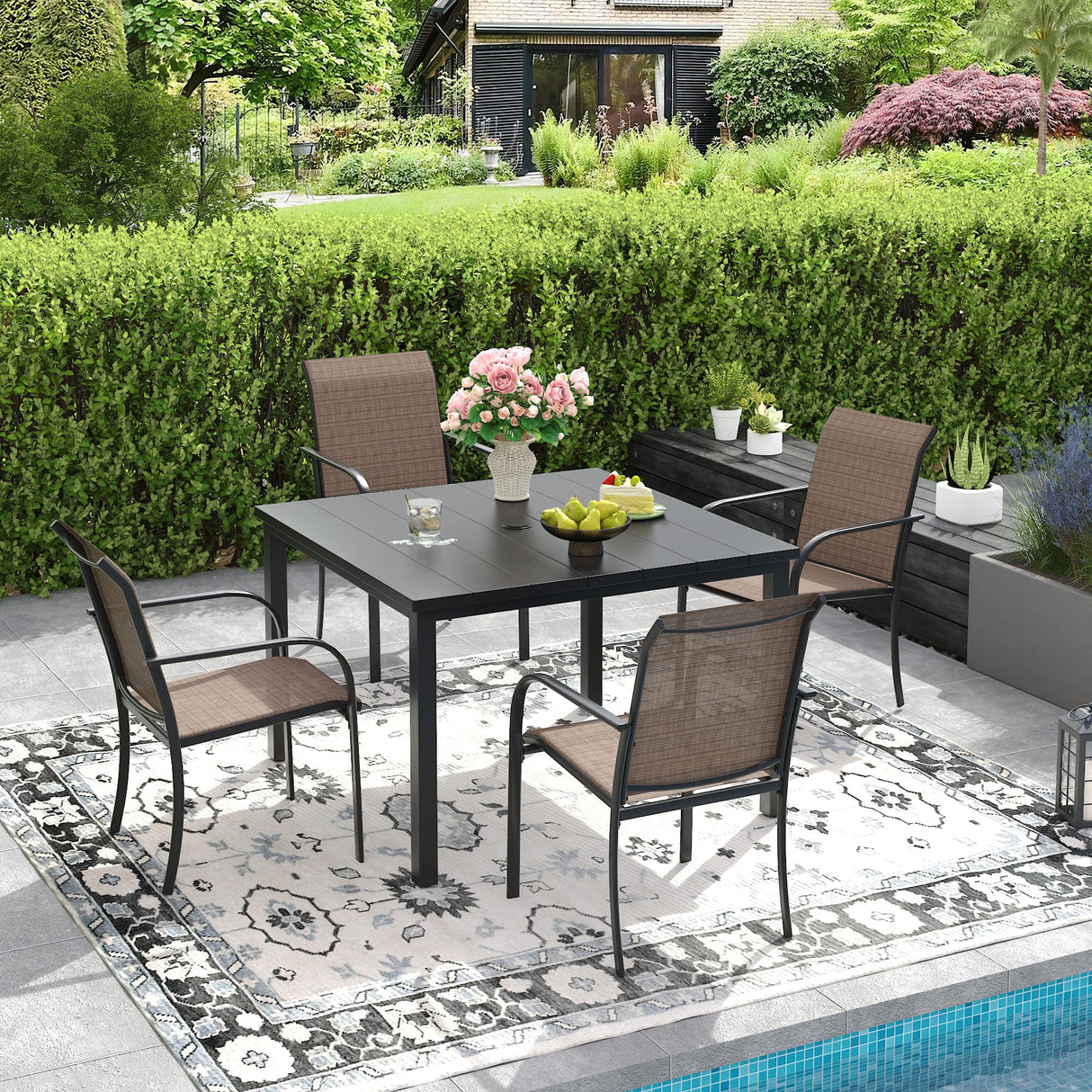 Vicllax 5 PCS Patio Dining Set, Outdoor Square Metal Table and Stackable Chair Set