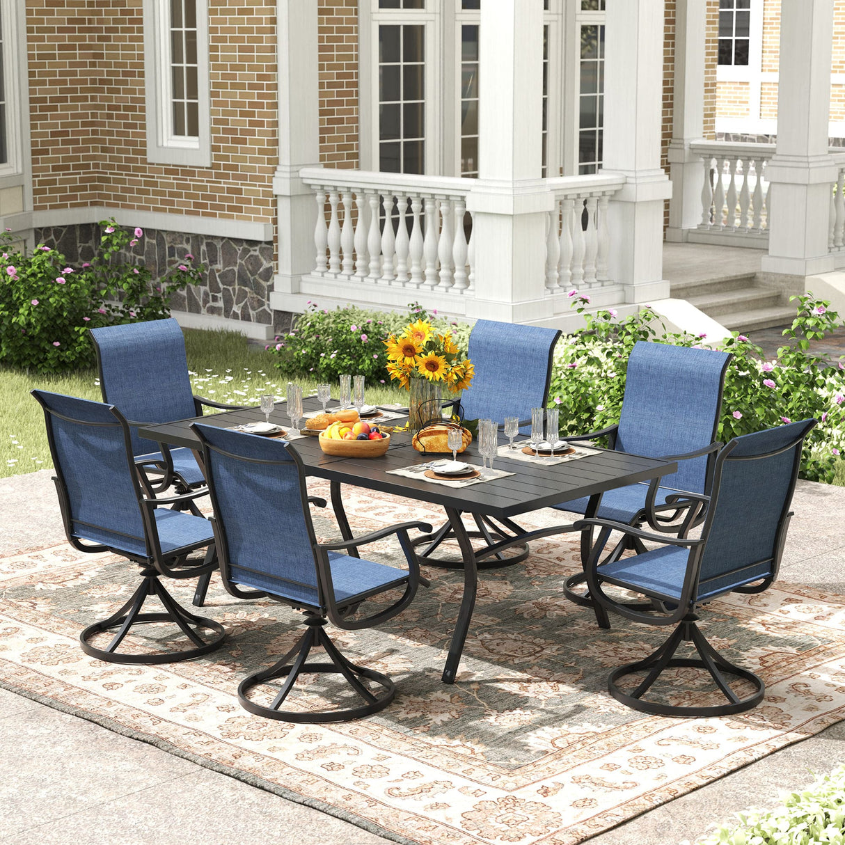 Vicllax 7/9 Pieces Outdoor Dining Set with Black Metal Rectangular Table and Textilene Swivel Chair