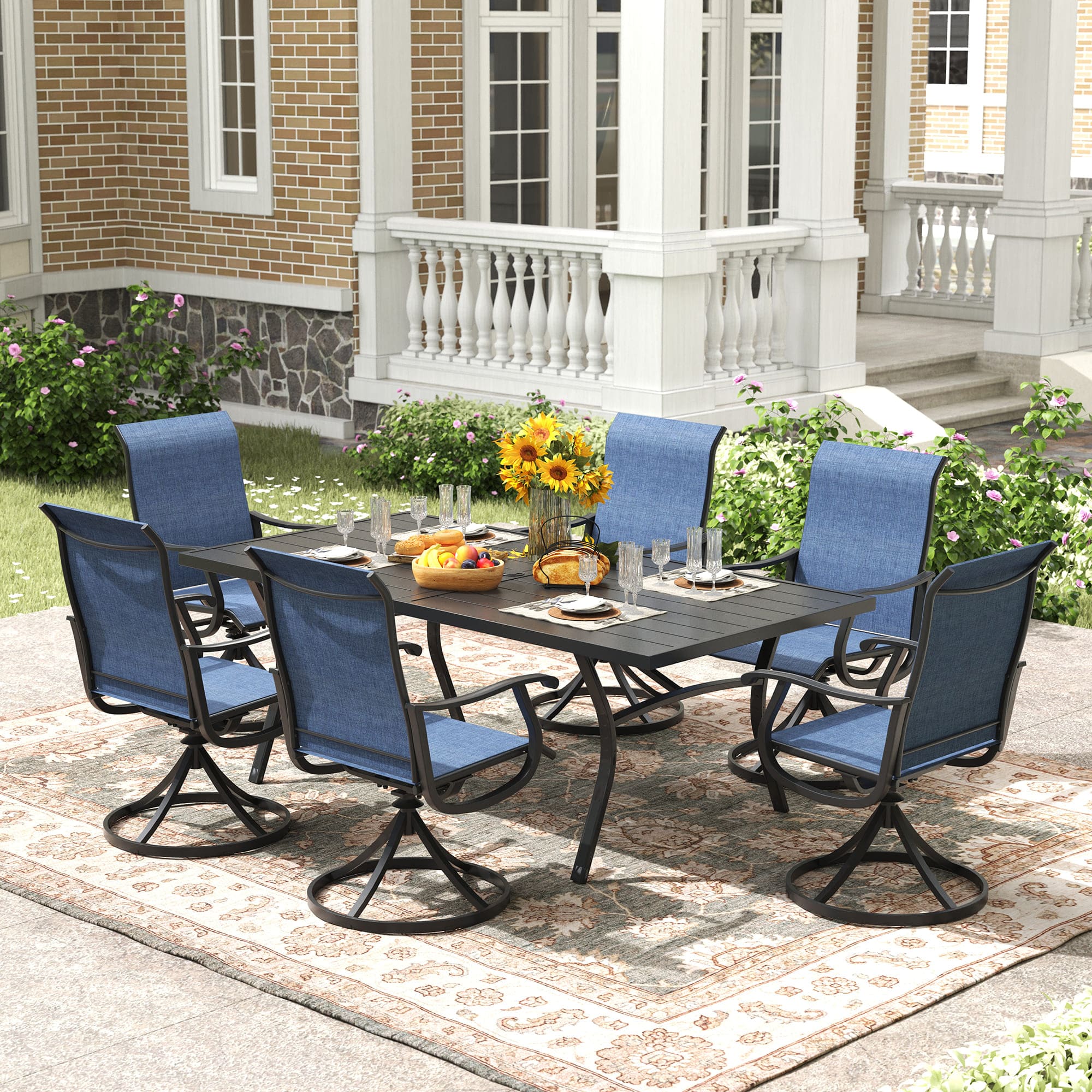 Vicllax 7/9 Pieces Outdoor Dining Set with Black Metal Rectangular Table and Textilene Swivel Chair