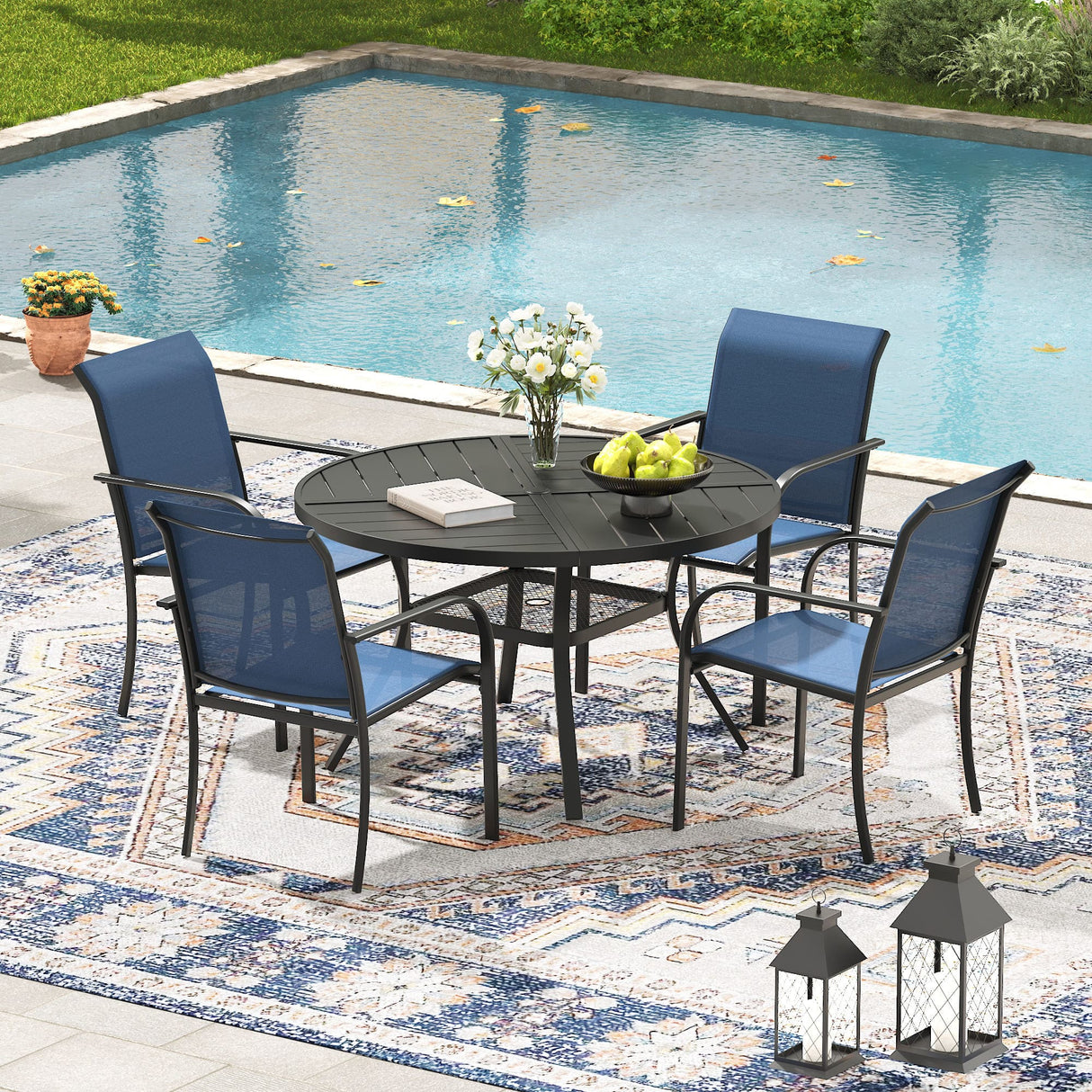 Black Table & Blue Chairs - 40.6"( Seating for 4)