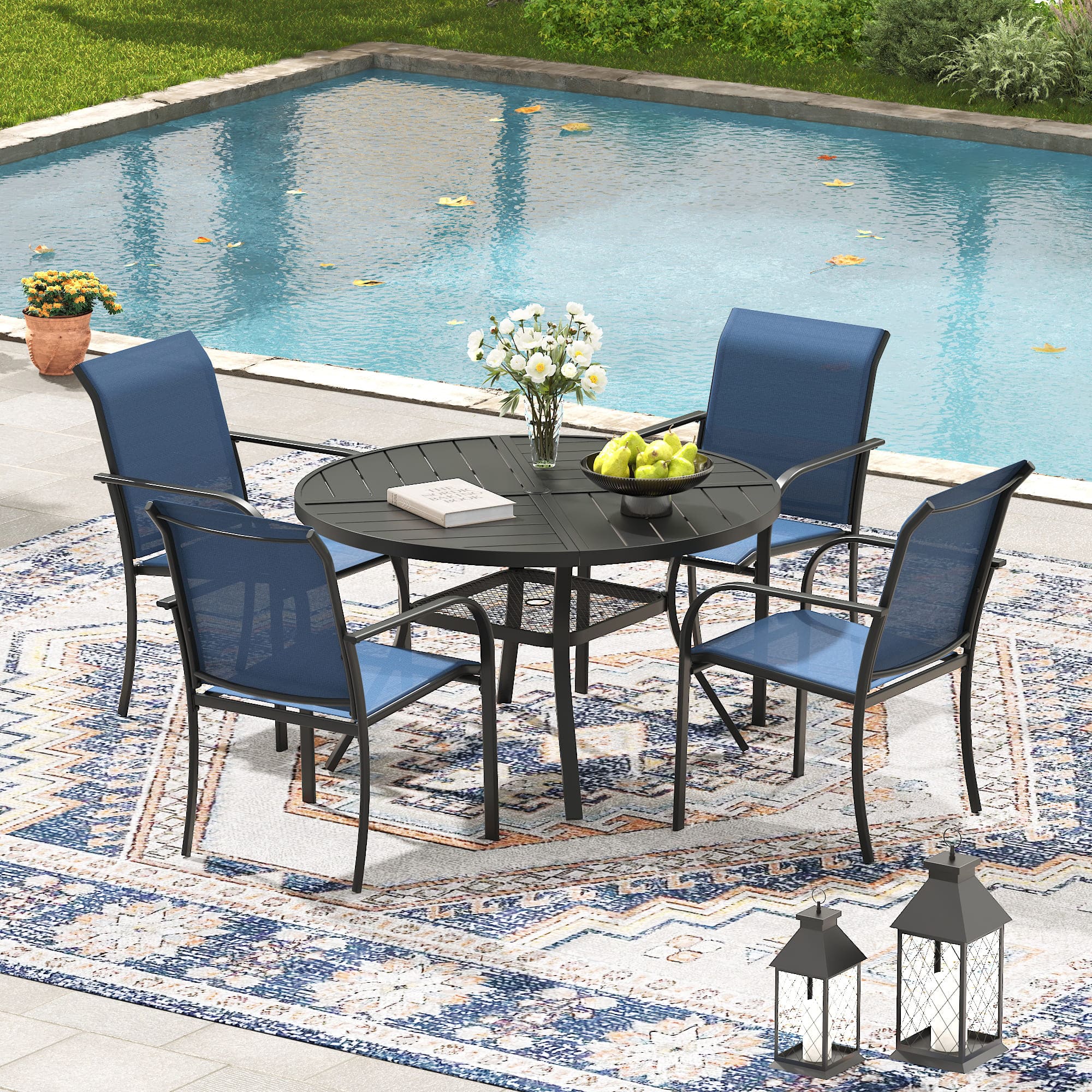 VICLLAX 5/7 PCS Patio Dining Table Set, Round Metal Table with Shelf and Stackable Sling Chair