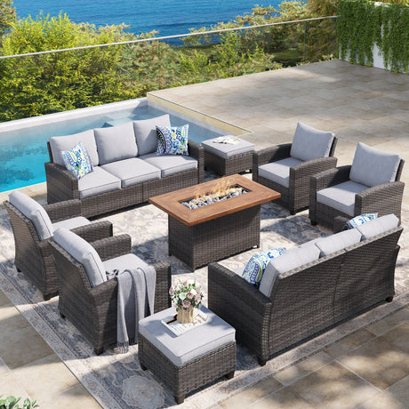 Vicllax Versatile Wicker Patio Set: 9 Pieces with Fire Table & Ottoman
