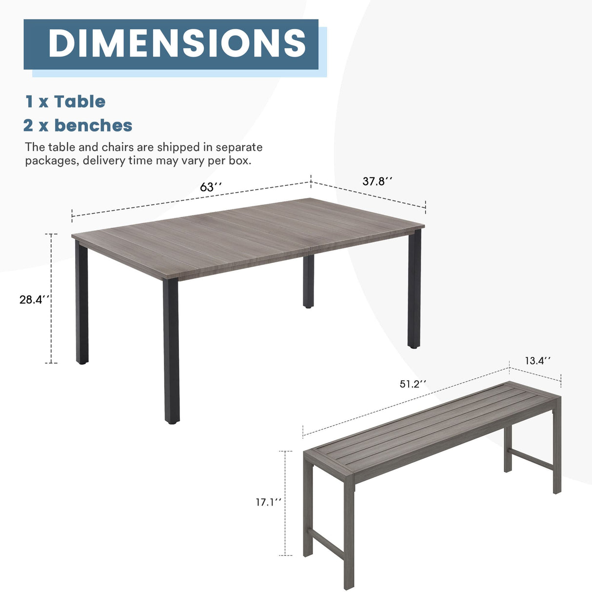 Vicllax 3-Piece Rectangular Metal Outdoor Dining Table and Bench Set