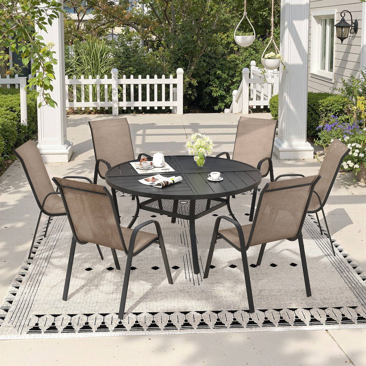 Vicllax 7 PCS Patio Dining Table Set, 47" Round Metal Table with Shelf and Horizon Stackable Chair