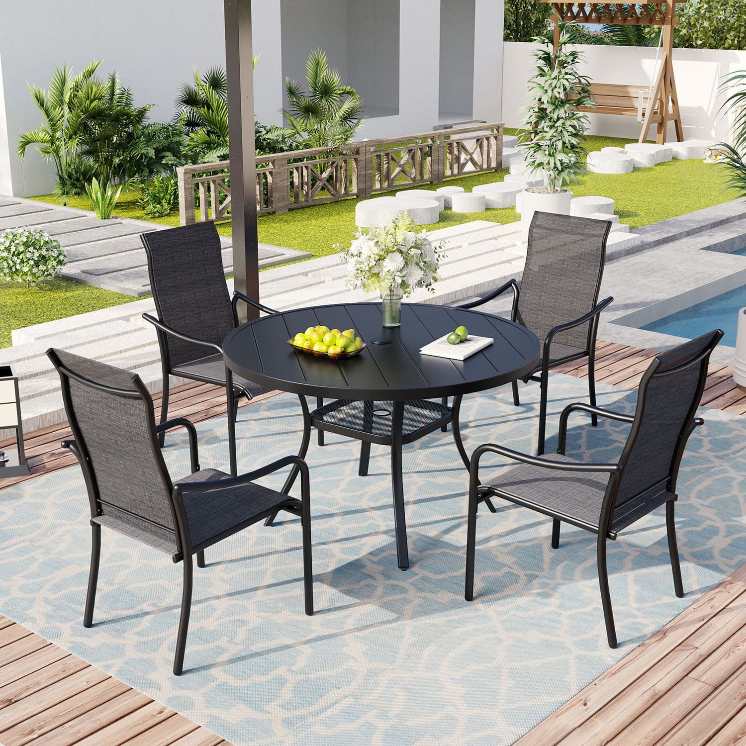 Vicllax 5/7 Pcs Outdoor Dining Set with Round Metal Table and High Back Stackable Chair