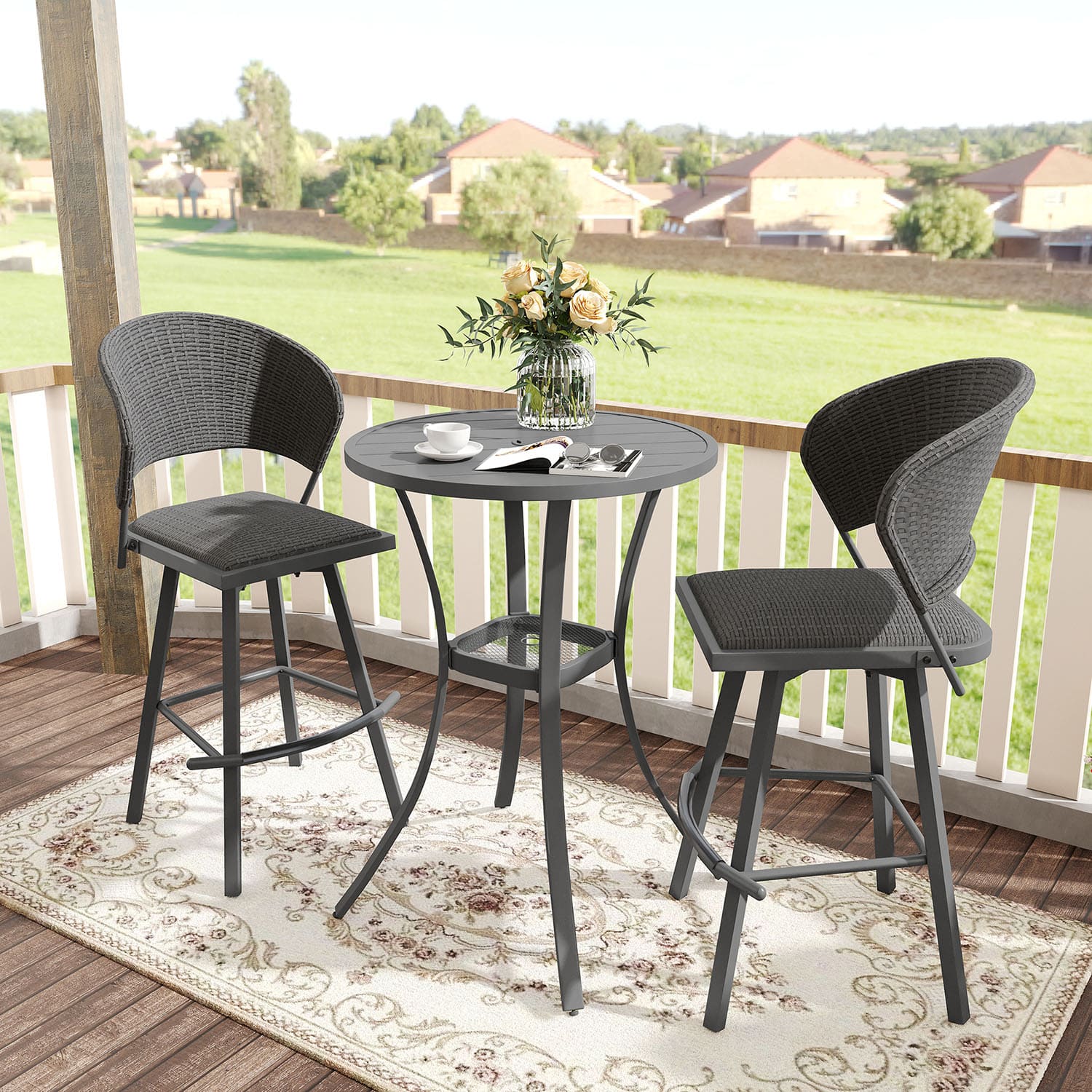Vicllax 3/5 PCS Outdoor Swivel Bar Set, Patio Wicker Bar Chairs and Round Bar Table