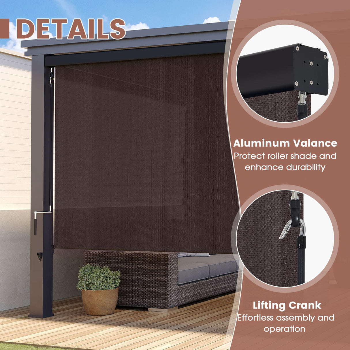 Vicllax Roller Shade, Patio Cordless Sun Blocking Roller Shade with Aluminum Valance