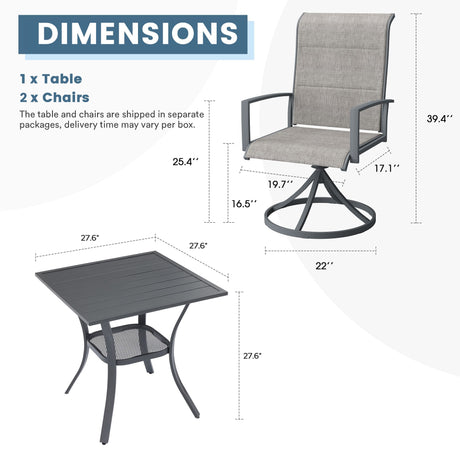 Vicllax Juego de bistró para patio de 3 piezas, sillas giratorias para exteriores y mesa pequeña de metal para patio 