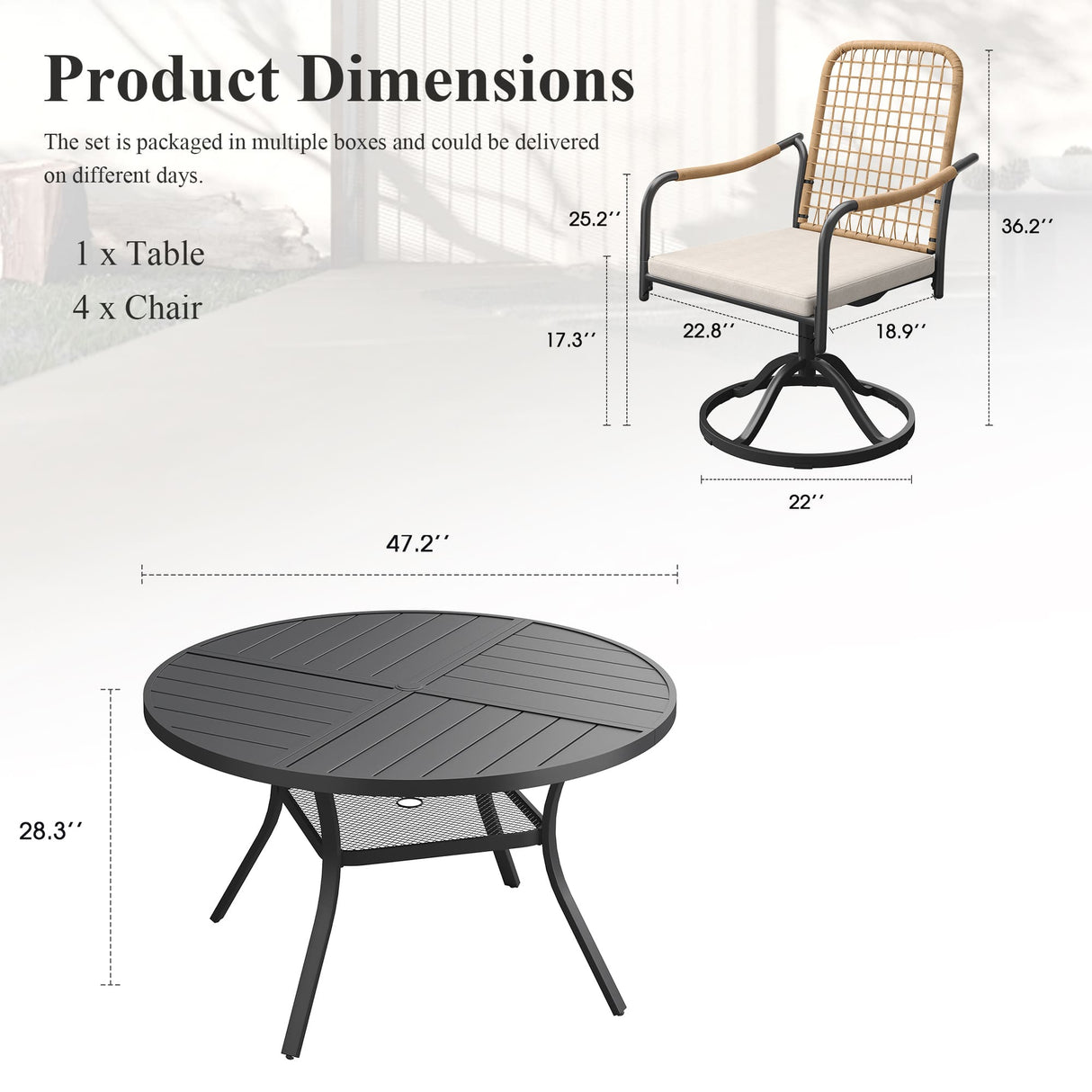 VICLLAX 5-Piece Outdoor Dining Set, 47” Round Metal Table with Umbrella Hole & Solana Swivel Chair