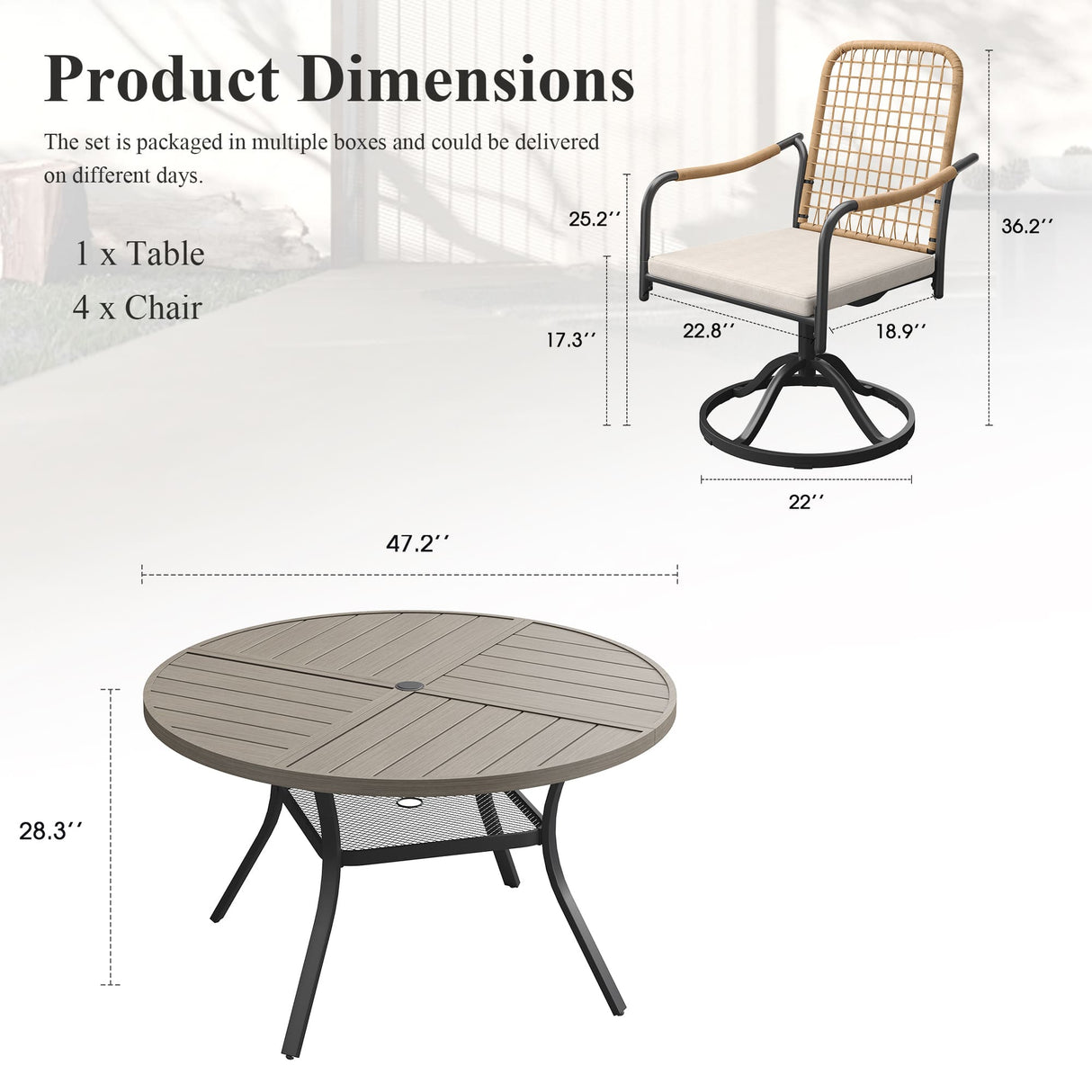 VICLLAX 5-Piece Outdoor Dining Set, 47” Round Metal Table with Umbrella Hole & Solana Swivel Chair