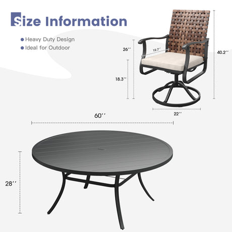 Vicllax 9 PCS Patio Dining Table Set, 60" / 63" Round Metal Table and Sienna Swivel Chairs