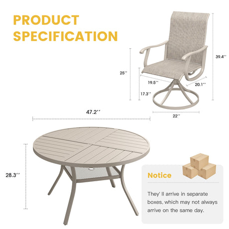 Vicllax Juego de comedor para exterior de 5 piezas con mesa redonda de metal de 42" y 4 sillas giratorias acolchadas
