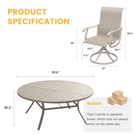 Vicllax Juego de comedor para exterior de 5 piezas con mesa redonda de metal de 42" y 4 sillas giratorias acolchadas