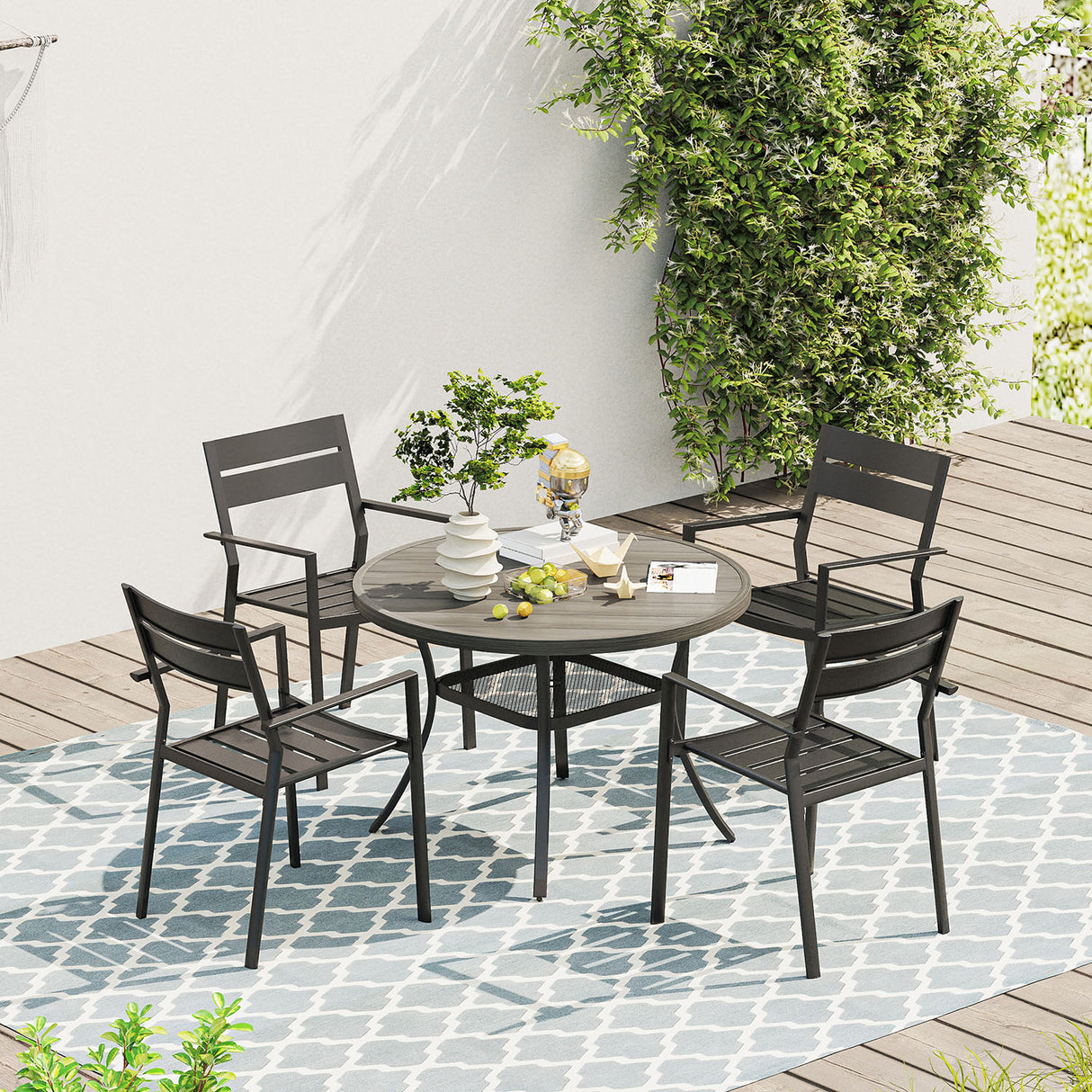 Vicllax Juego de comedor para exterior de 7 piezas con mesa redonda de metal de 48" y sillas con apoyabrazos