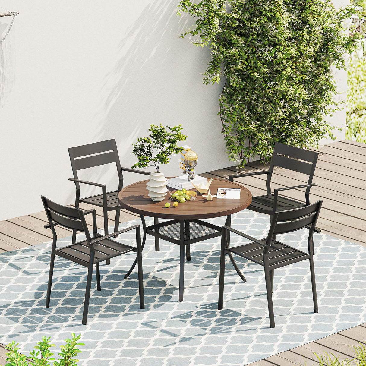 Vicllax Juego de comedor para exterior de 7 piezas con mesa redonda de metal de 48" y sillas con apoyabrazos