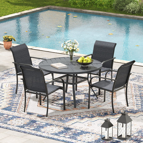 VICLLAX 5/7 PCS Patio Dining Table Set, Round Metal Table with Shelf and Stackable Sling Chair