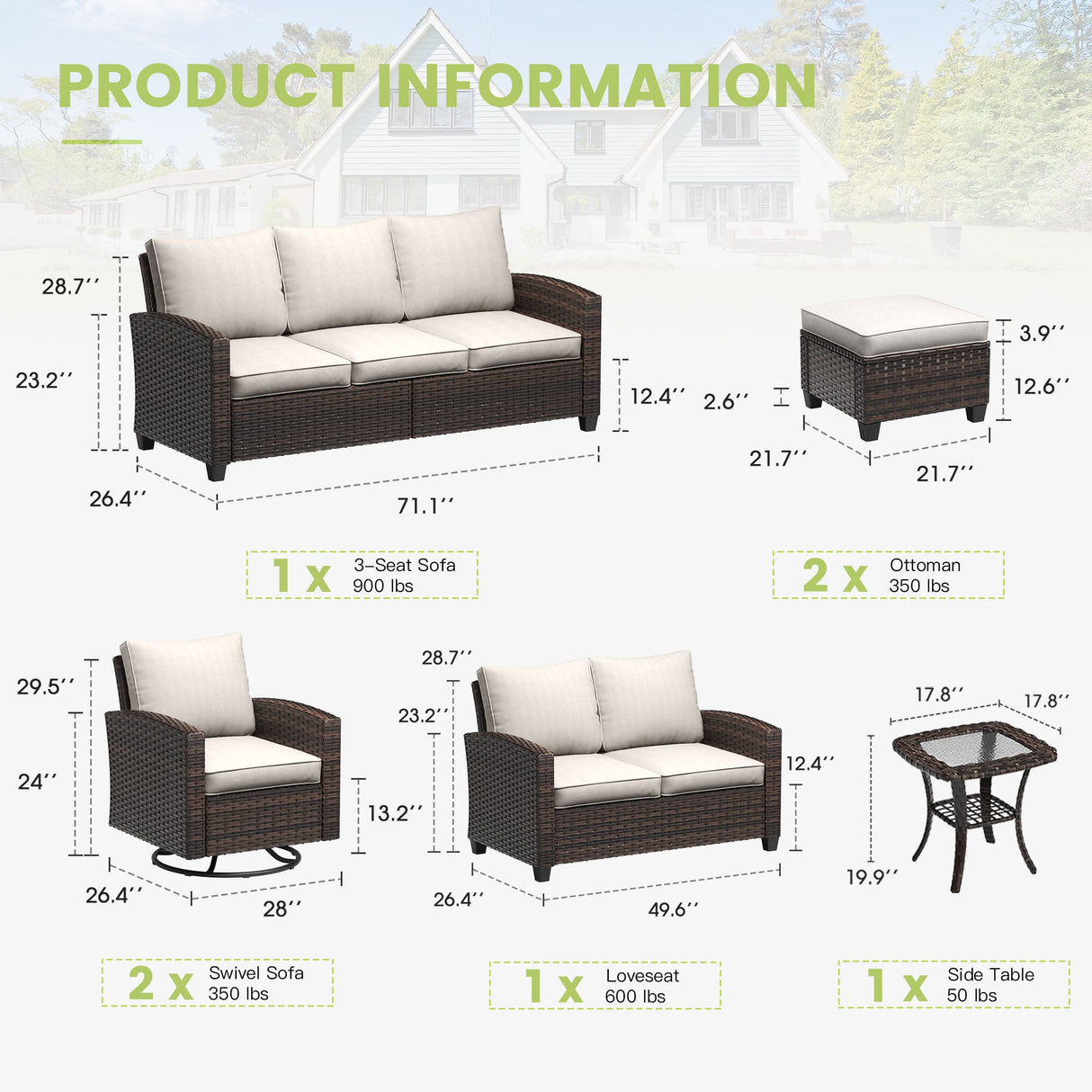 Vicllax Garden Conversation Set with Cushioned Sofa Chairs, Ottomans and Coffee Table