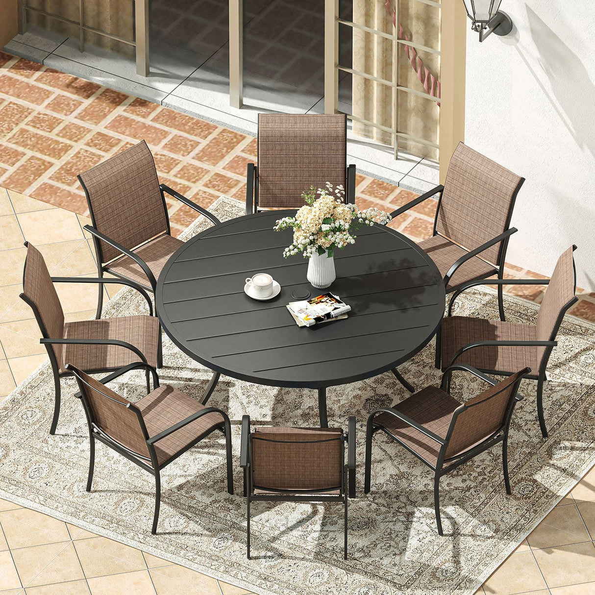 Vicllax Juego de comedor para exterior de 9 piezas con mesa redonda de metal de 54" y sillones de textileno 