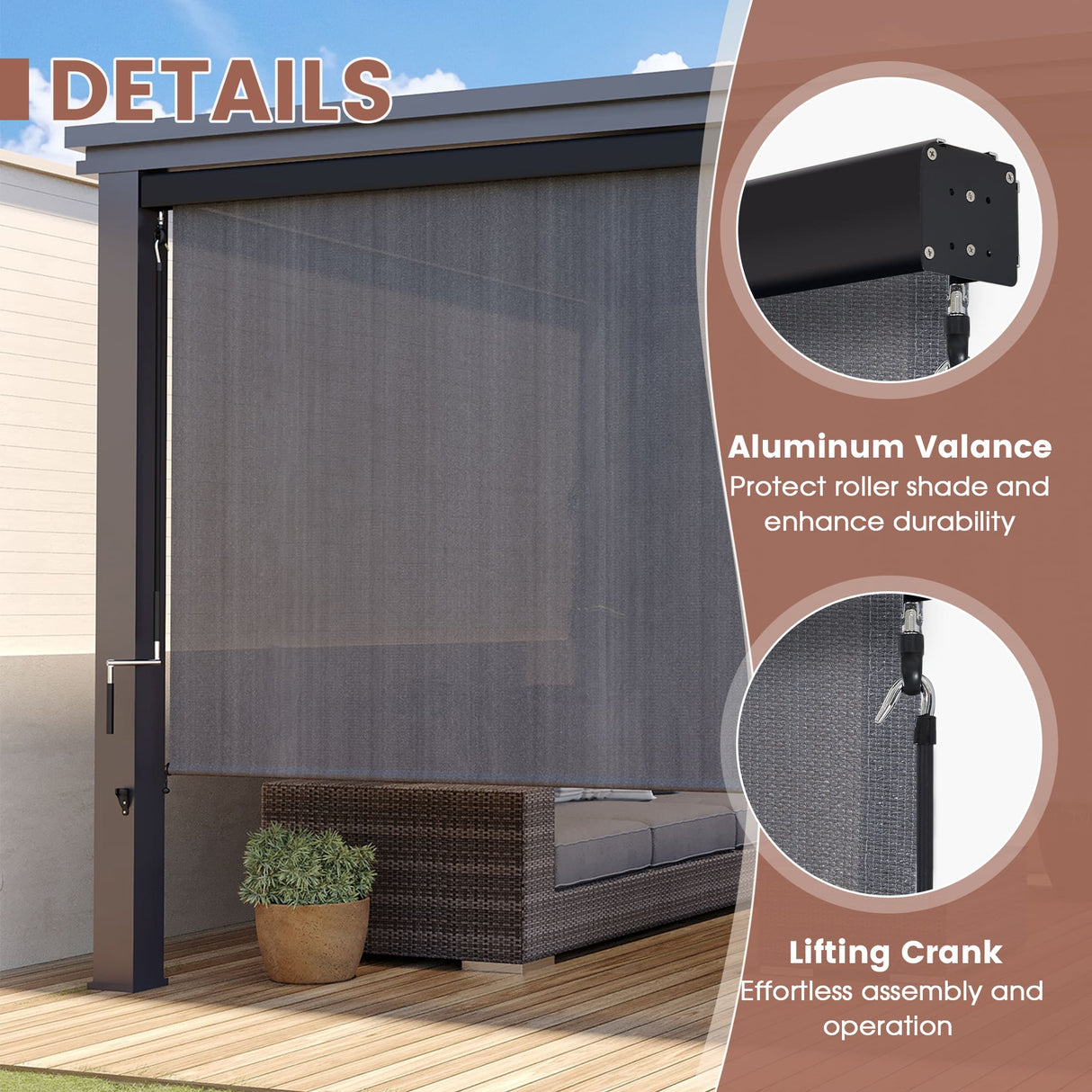 Vicllax Roller Shade, Patio Cordless Sun Blocking Roller Shade with Aluminum Valance