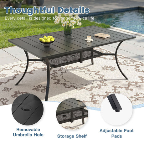 Vicllax 7 Pcs Outdoor Dining Set, Rectangular Metal Table with Storage Shelf and 6  Swivel Chairs