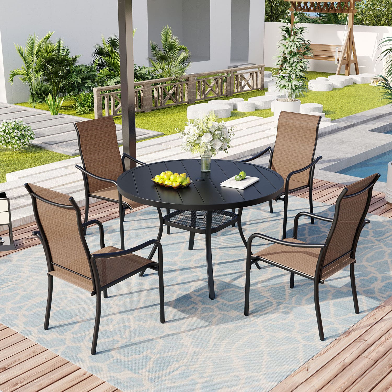 Vicllax 5/7 Pcs Outdoor Dining Set with Round Metal Table and High Back Stackable Chair