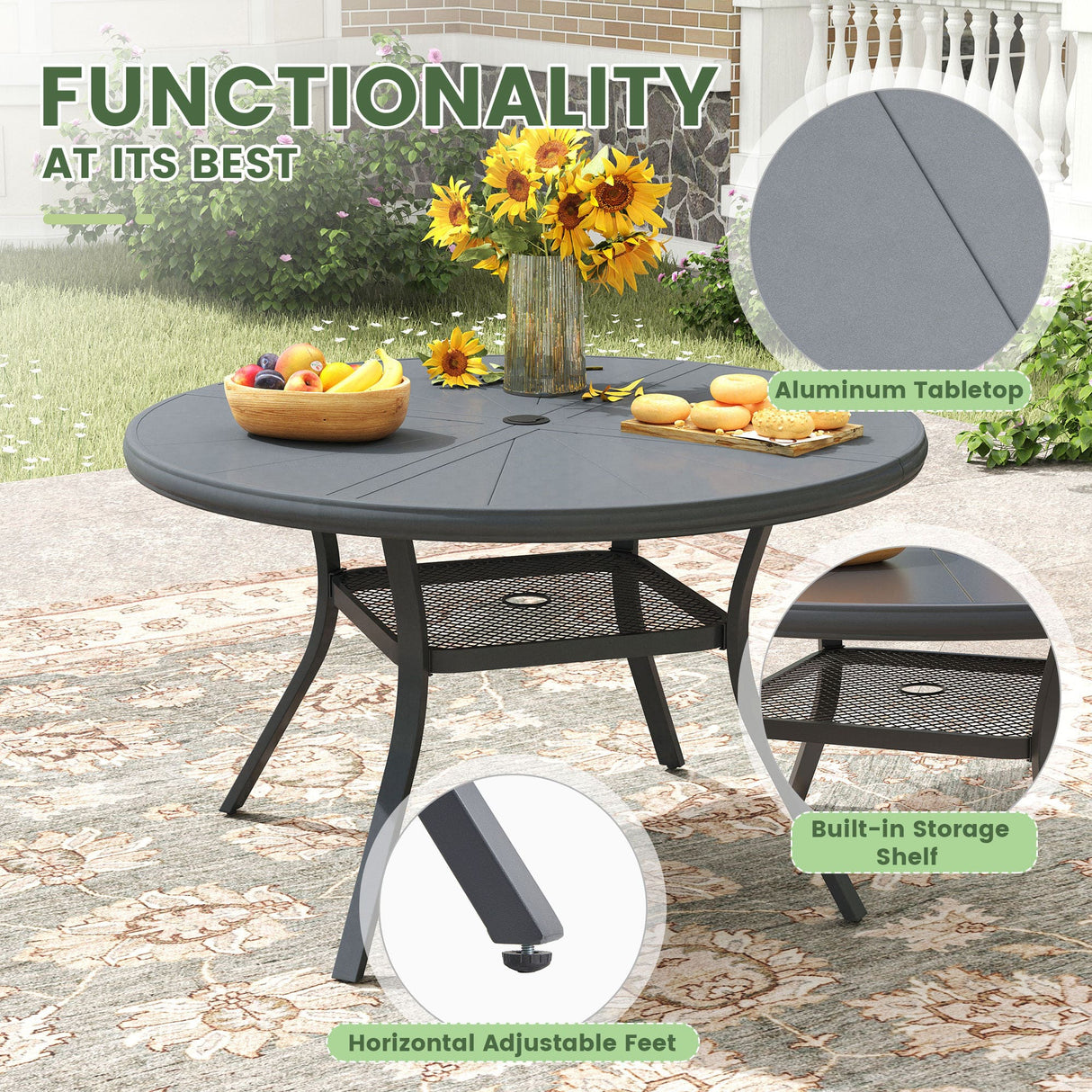 Vicllax Outdoor Round Dining Table, Patio Aluminum Tabletop with Storage Shelf