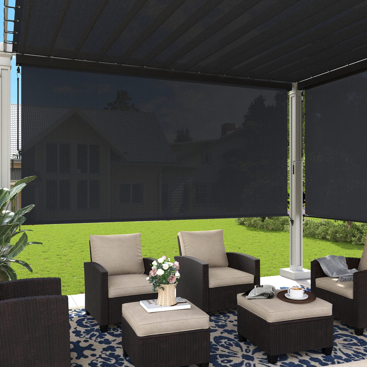 Vicllax Premium Patio Sun Blocking Roller Shade, Solar Shade with Aluminum Valance