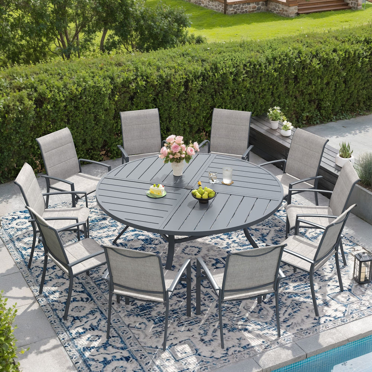 Vicllax Outdoor Dining Set of 8/10, Round Metal Table and Stackable Padded Chair Set of 8, 10