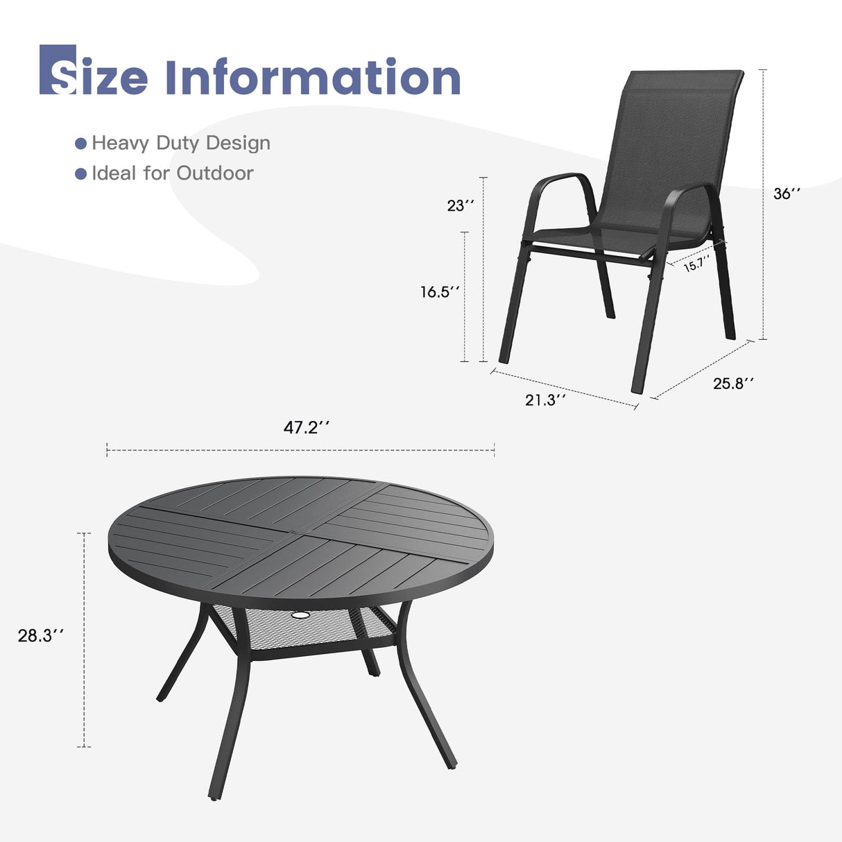 Vicllax 7 PCS Patio Dining Table Set, 47" Round Metal Table with Shelf and Horizon Stackable Chair