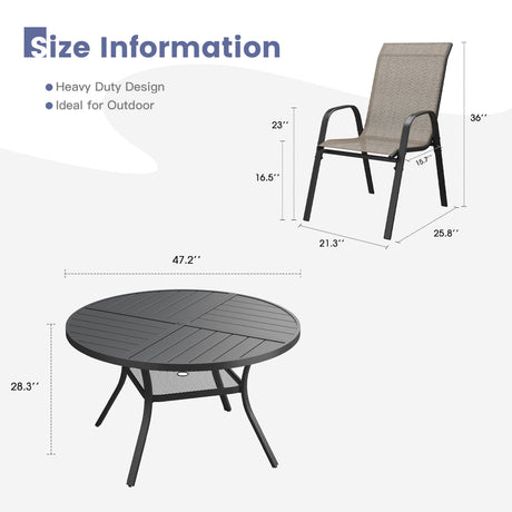 Vicllax 7 PCS Patio Dining Table Set, 47" Round Metal Table with Shelf and Horizon Stackable Chair