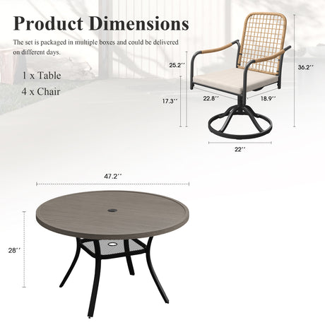 Vicllax 5-Piece Outdoor Dining Set, 47” Round Metal Table with Umbrella Hole & Solana Swivel Chair