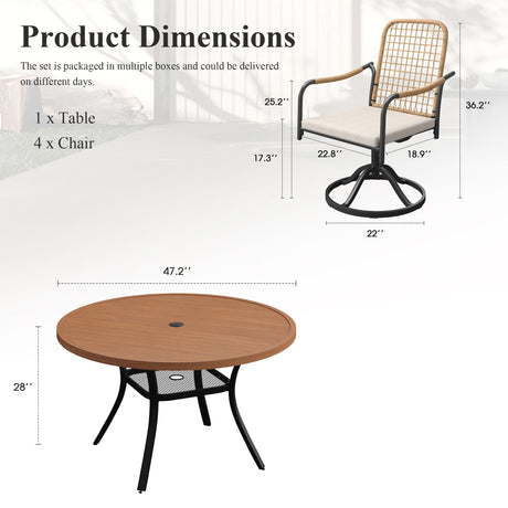 Vicllax 5-Piece Outdoor Dining Set, 47” Round Metal Table with Umbrella Hole & Solana Swivel Chair