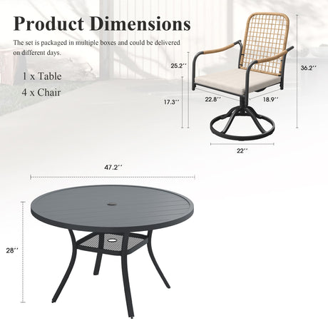 Vicllax 5-Piece Outdoor Dining Set, 47” Round Metal Table with Umbrella Hole & Solana Swivel Chair