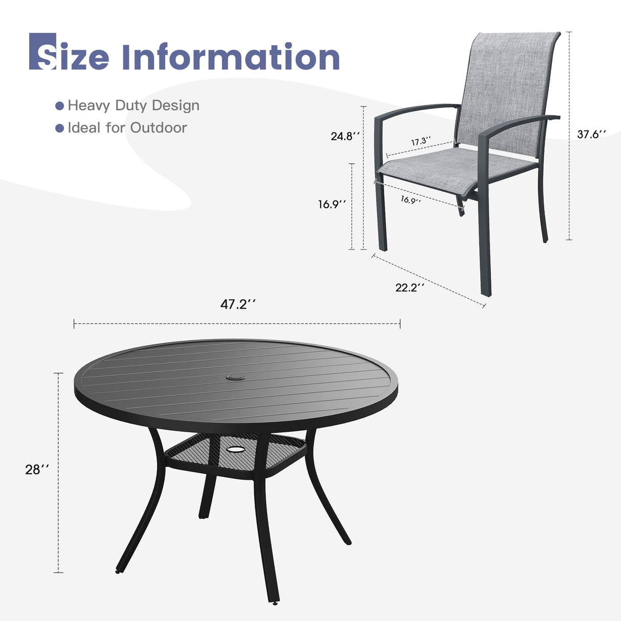 Vicllax 7 Pieces Outdoor Dining Set, 47.2"Round Table and Skyline Stackable Chair