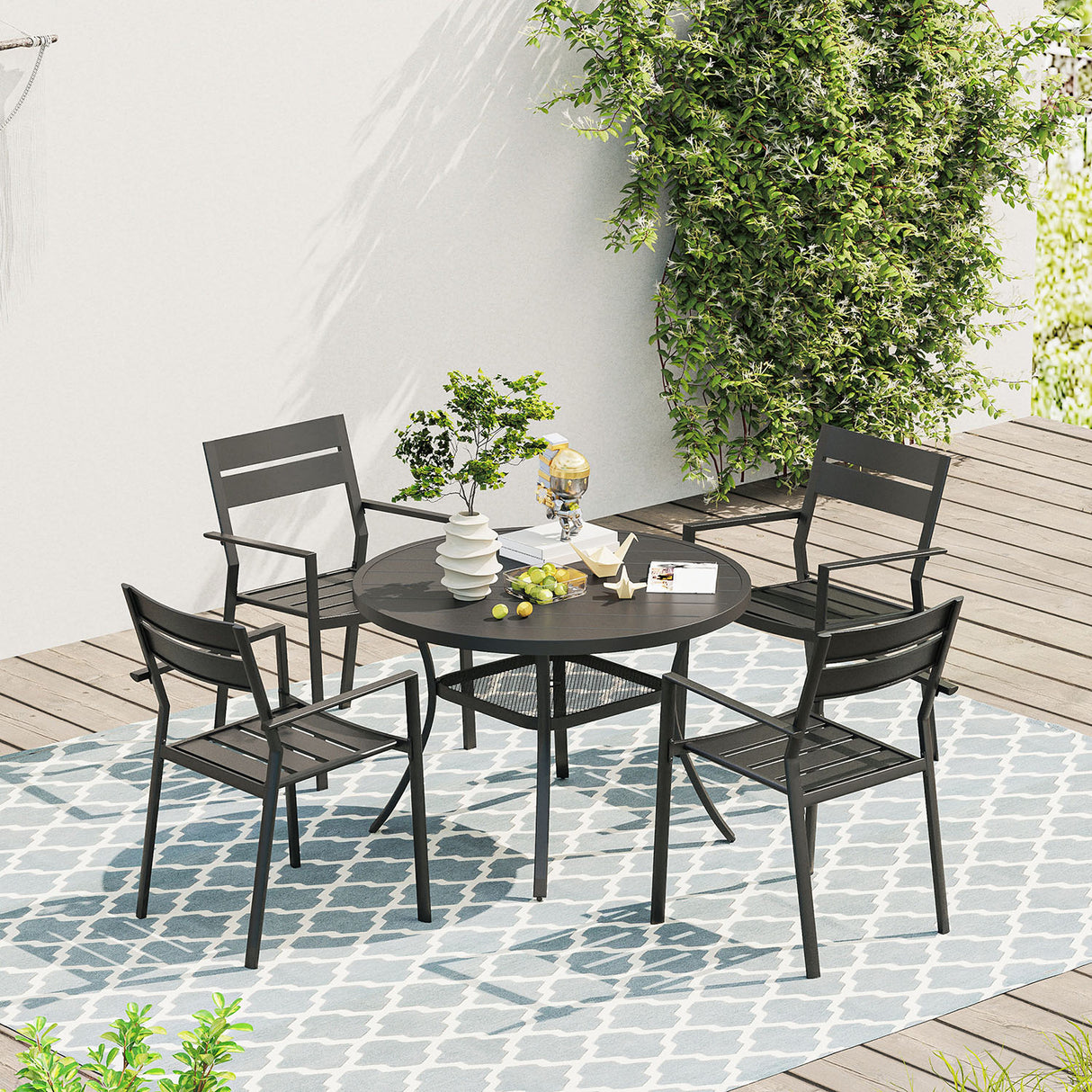 Vicllax Juego de comedor para exterior de 7 piezas con mesa redonda de metal de 48" y sillas con apoyabrazos