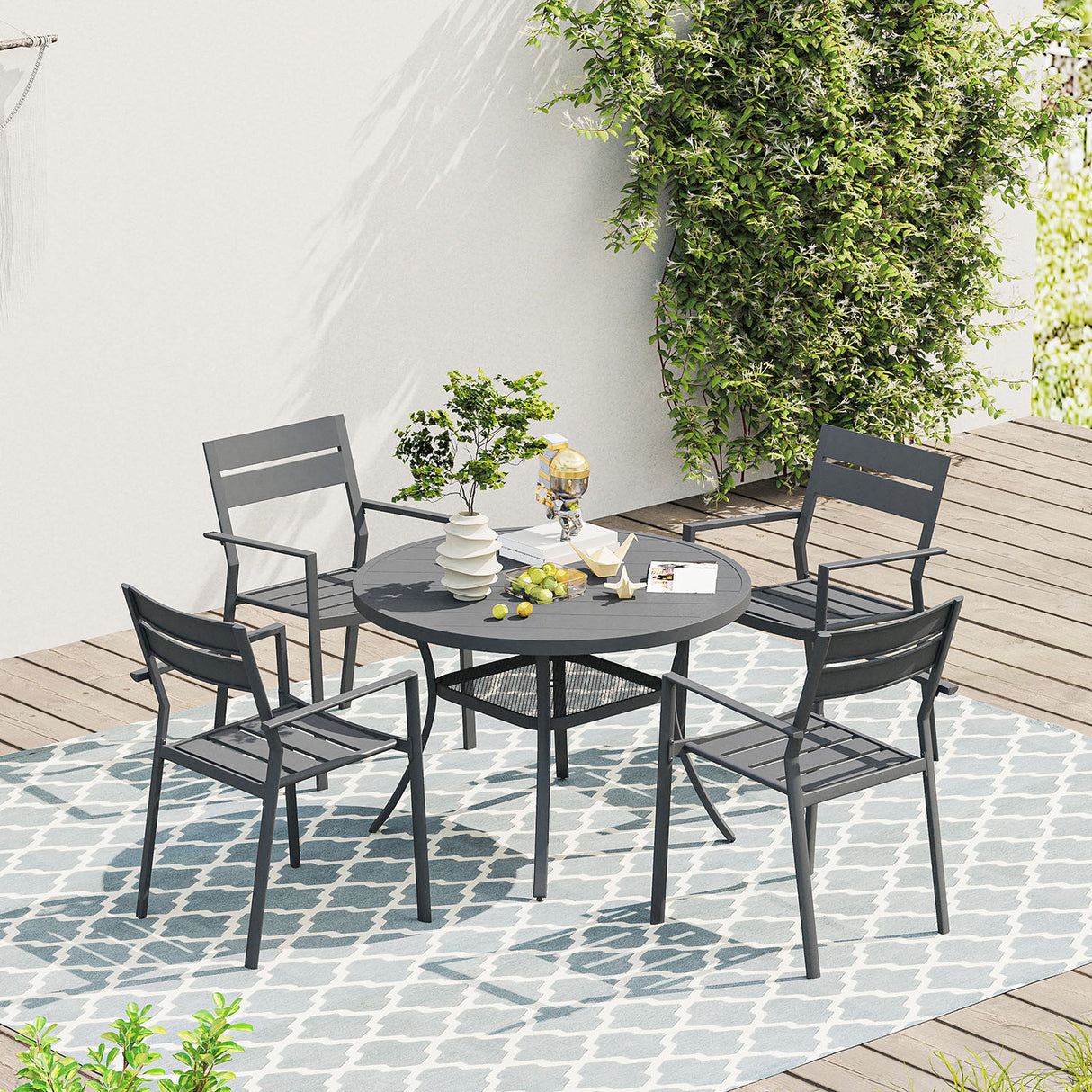 Vicllax Juego de comedor para exterior de 7 piezas con mesa redonda de metal de 48" y sillas con apoyabrazos