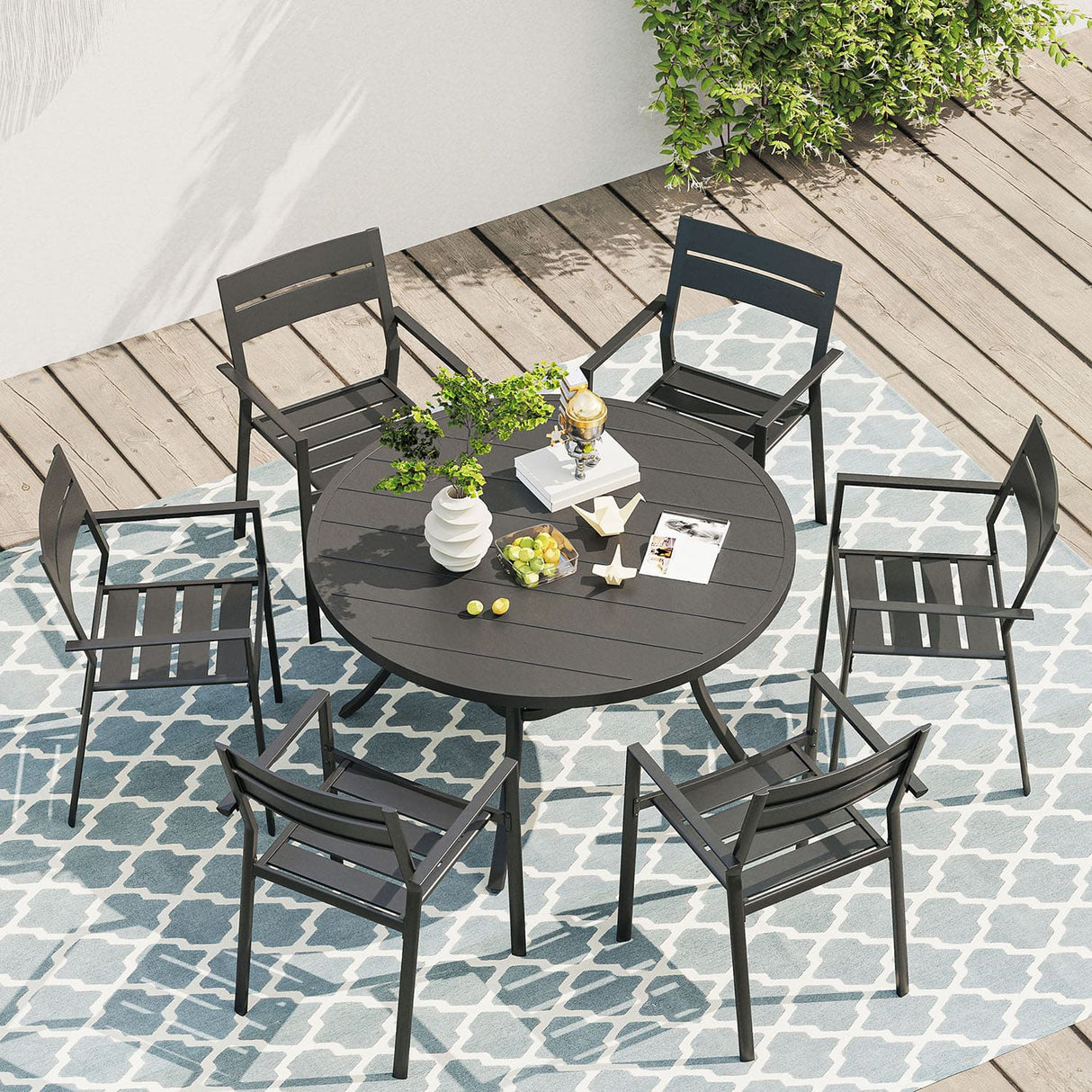 Vicllax Juego de comedor para exterior de 7 piezas con mesa redonda de metal de 48" y sillas con apoyabrazos