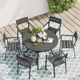 Vicllax Juego de comedor para exterior de 7 piezas con mesa redonda de metal de 48" y sillas con apoyabrazos