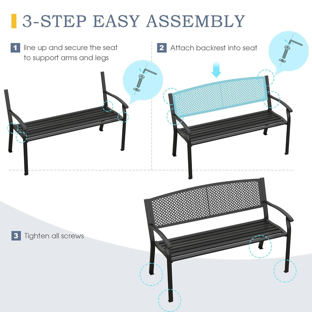 Vicllax Outdoor Garden Bench, Waterproof Patio Metal Bench