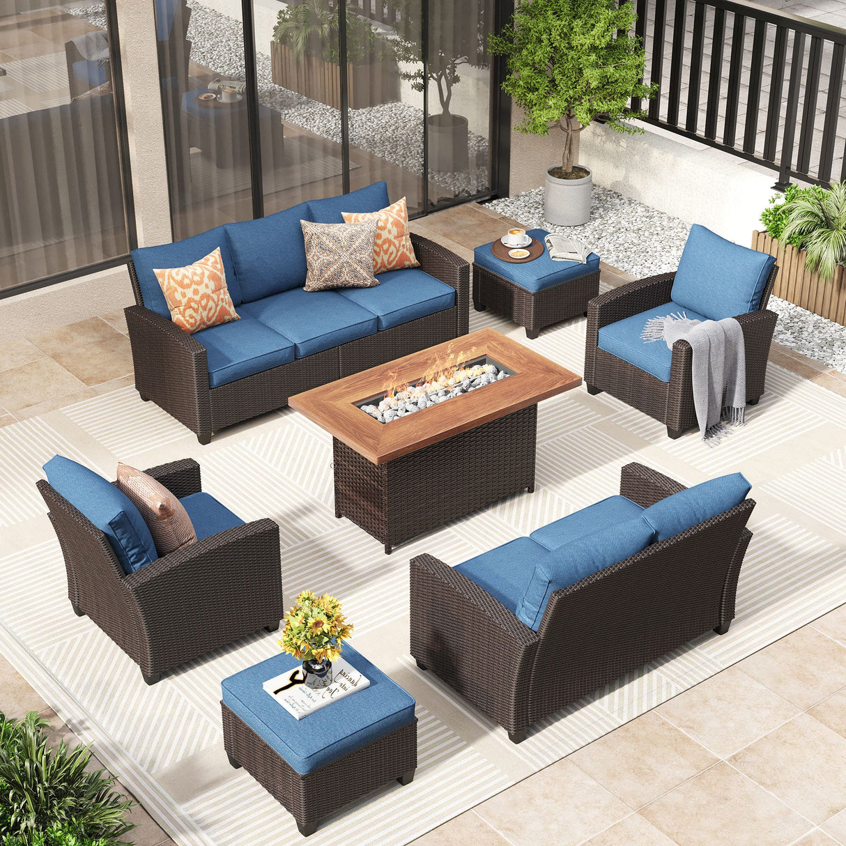 Vicllax Patio Sofa Set, Wicker Outdoor Conversation Set with Cushioned Sofa Chairs with Wicker Fire Pit, Stable Chair