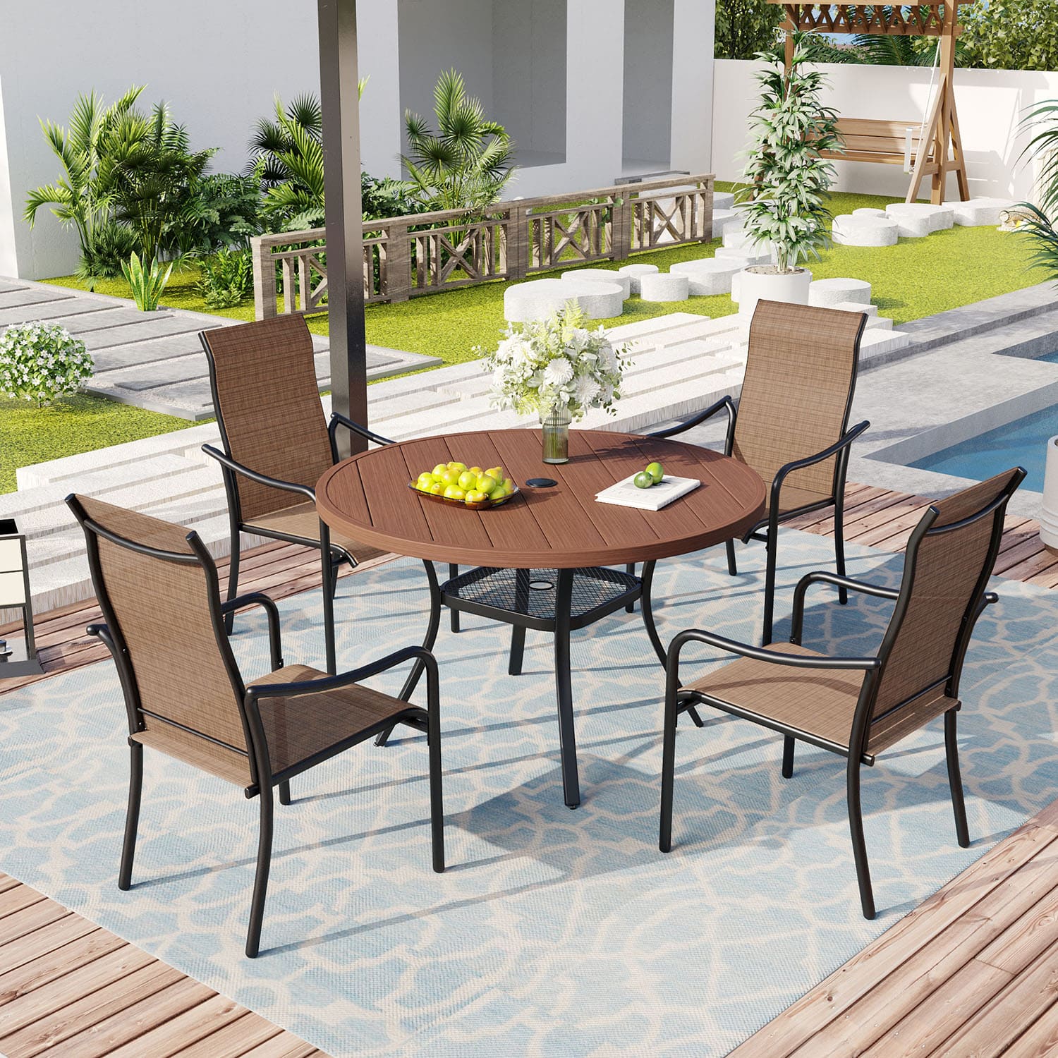 Vicllax 5/7 Pcs Outdoor Dining Set with Round Metal Table and High Back Stackable Chair