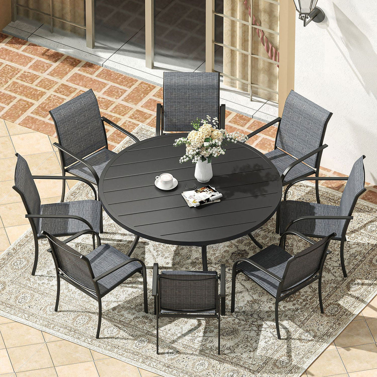 Vicllax Juego de comedor para exterior de 9 piezas con mesa redonda de metal de 54" y sillones de textileno 